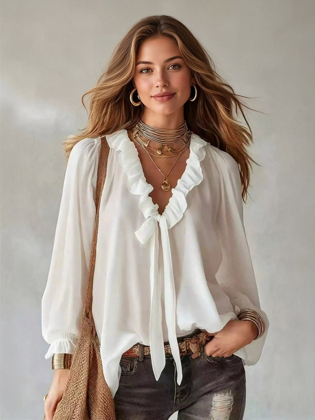 Hollis Ruffled Tie-Front Blouse - front view on model