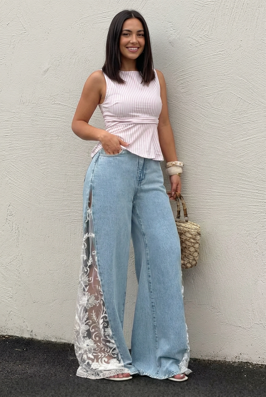 Smiling young adult model with straight dark hair wearing Juno light blue wide-leg jeans with floral lace side panels.