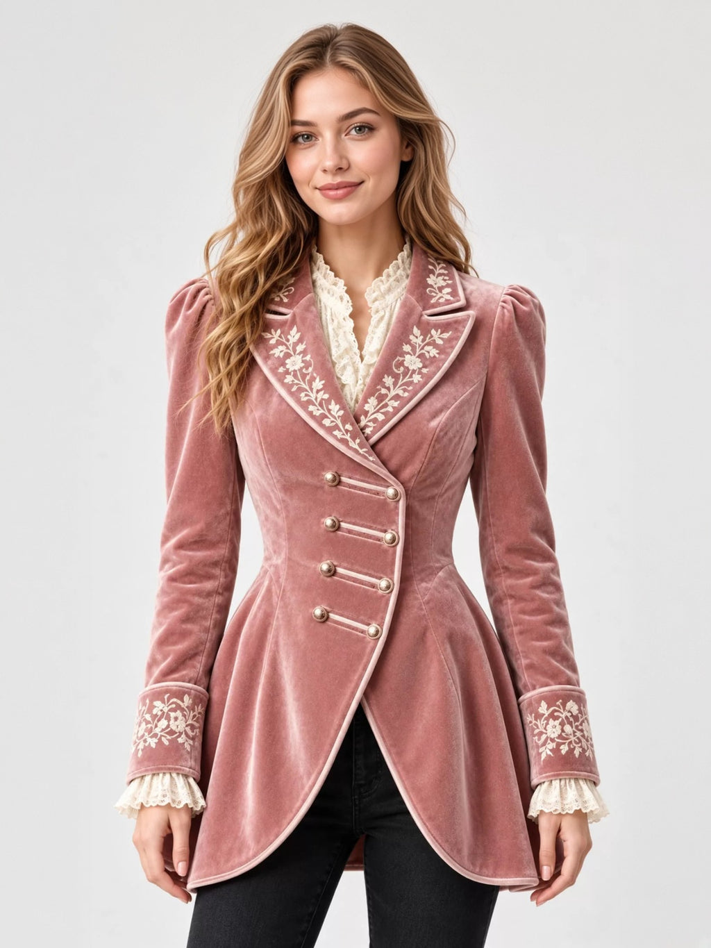 Isadora Embroidered Velvet Peplum Blazer - front view on model