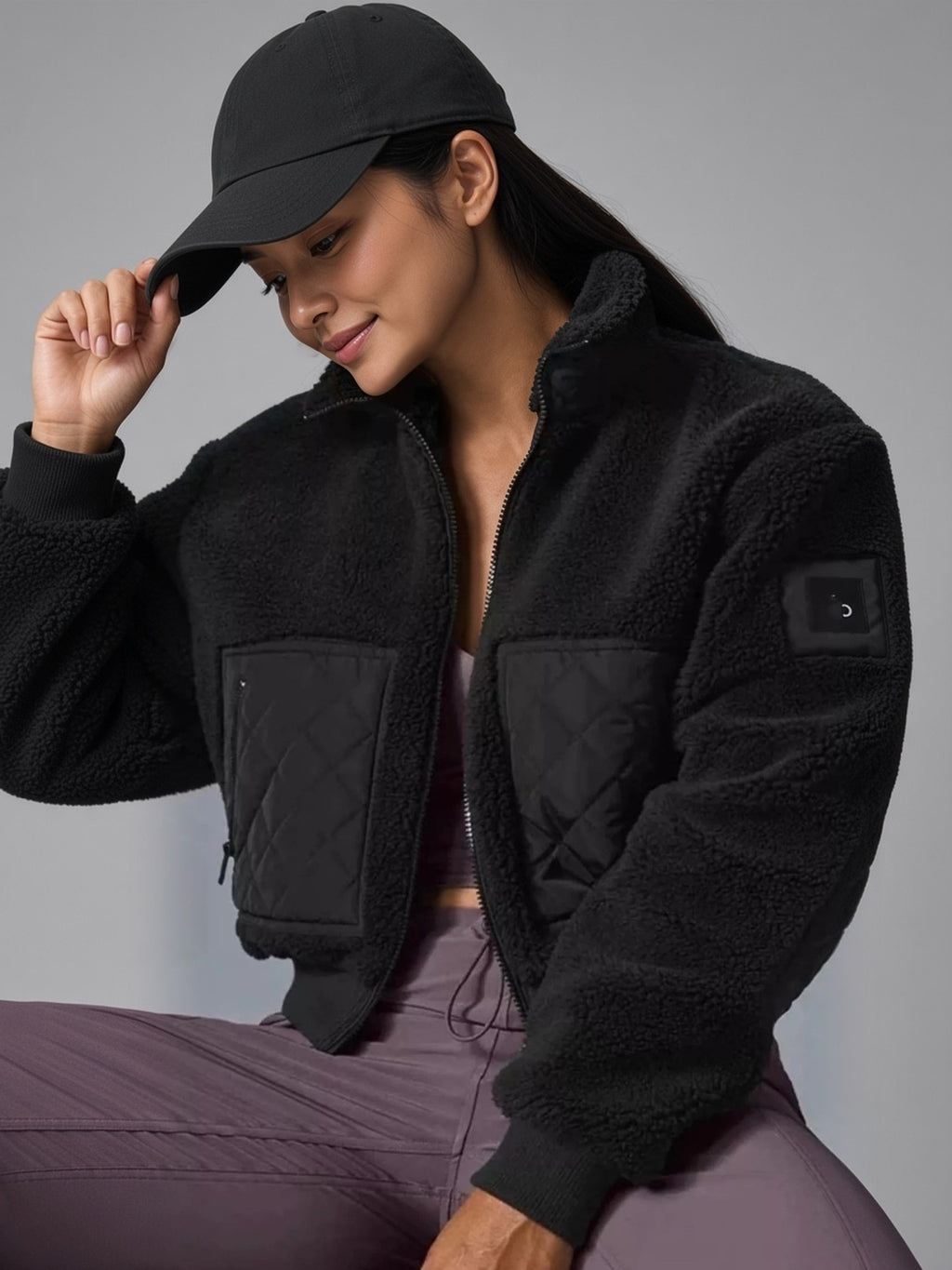 Kiki Sherpa Quilted Zip-Up Jacket - front view on model