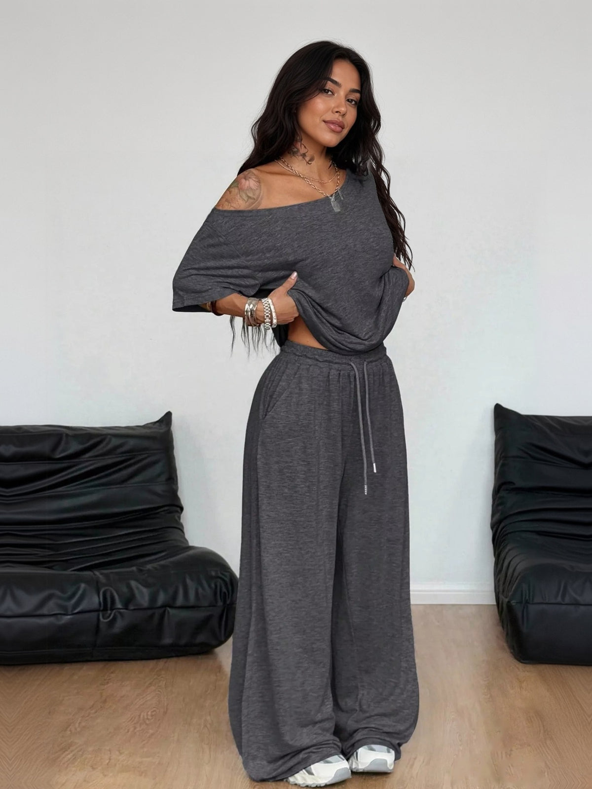 Linnea Off-Shoulder Top + Wide-Leg Pants Set - front view on model