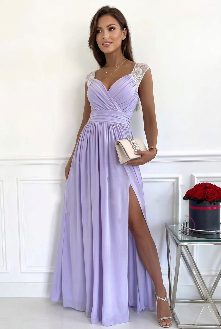 Youthful adult model wearing the Lucinda lavender slit lace sleeveless maxi dress.