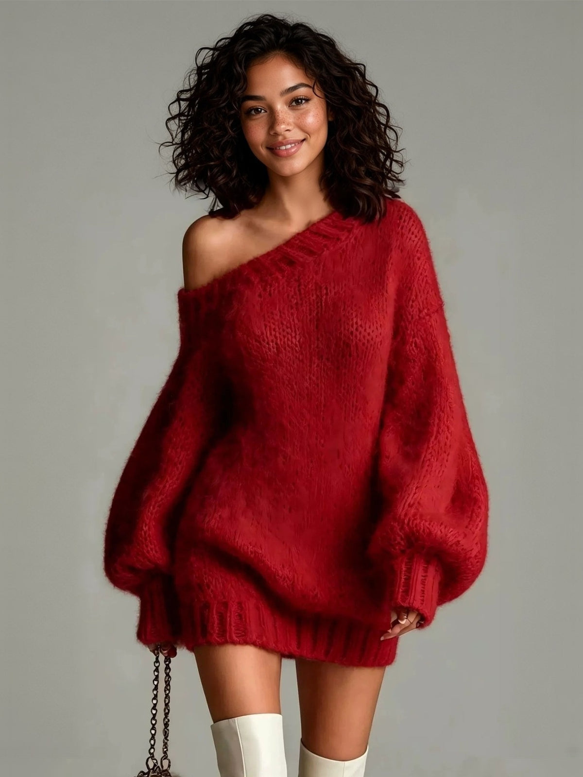 One-shoulder sweater mini dress in deep red, front view