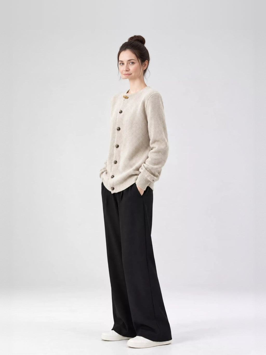 Nell Asymmetric Button Ribbed Cardigan - front view on model