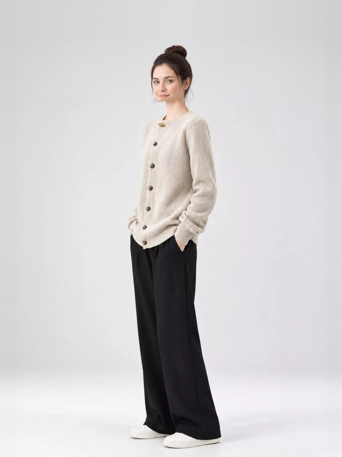 Nell Asymmetric Button Ribbed Cardigan - front view on model