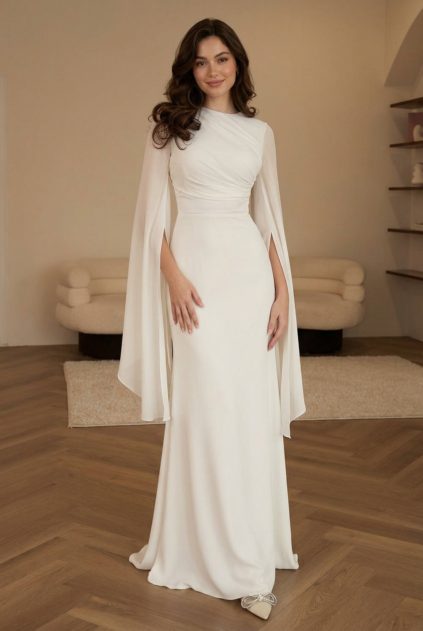 Youthful adult model wearing the Ophira ivory flare-sleeve maxi dress without a selfie pose.