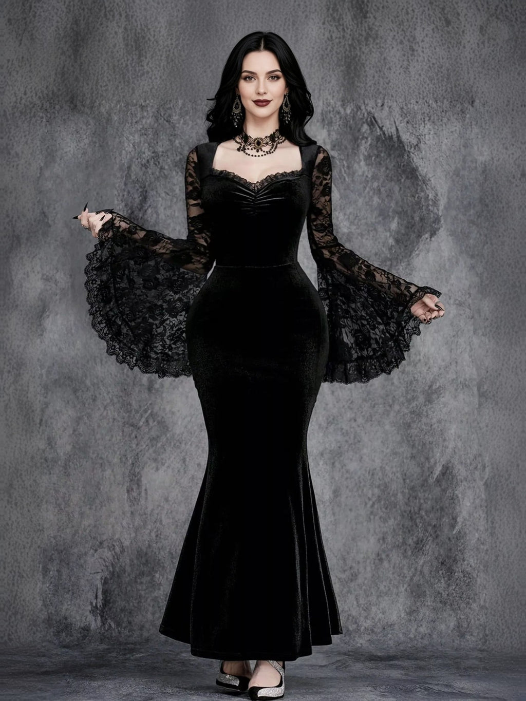 Romilly Velvet Lace Bell-Sleeve Mermaid Maxi Dress - front view on model