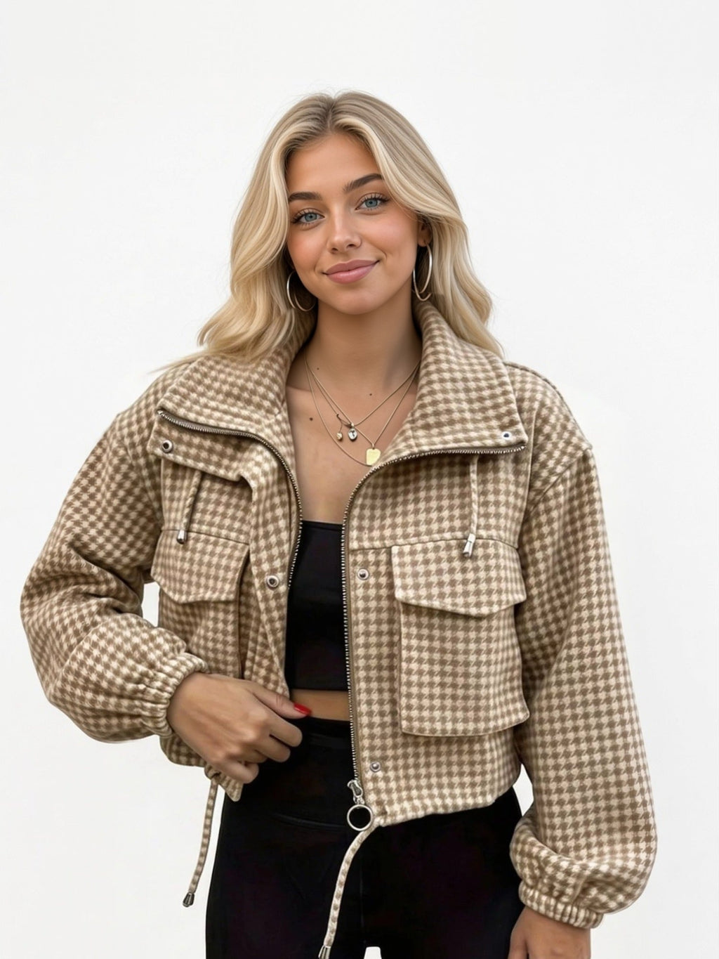 Sadie Houndstooth Cropped Utility Jacket - front view on model