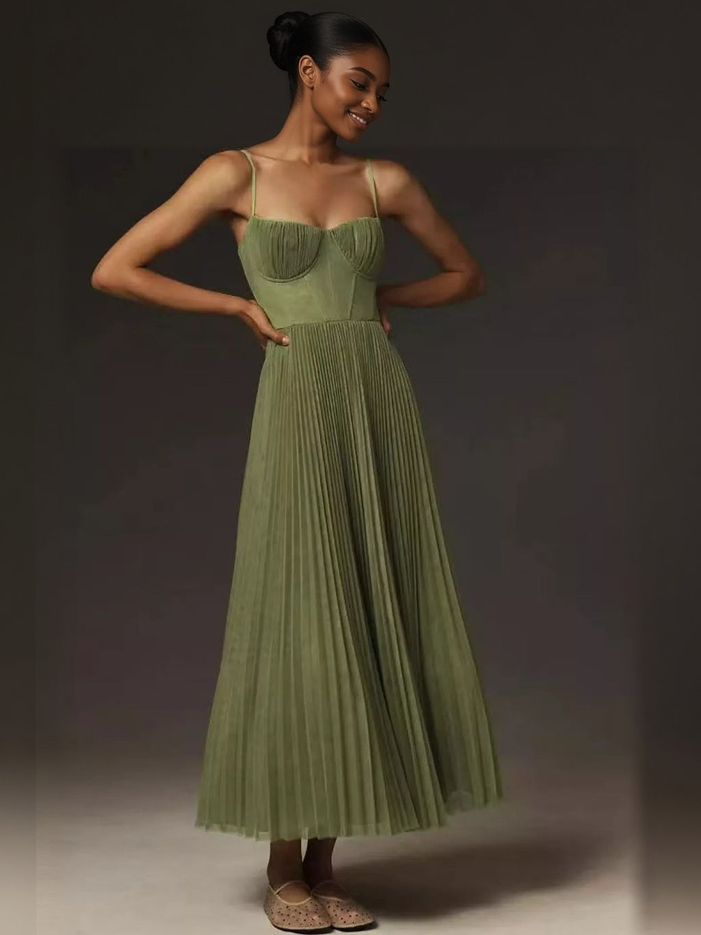 Saoirse Pleated Sweetheart Midi Dress - front view on model