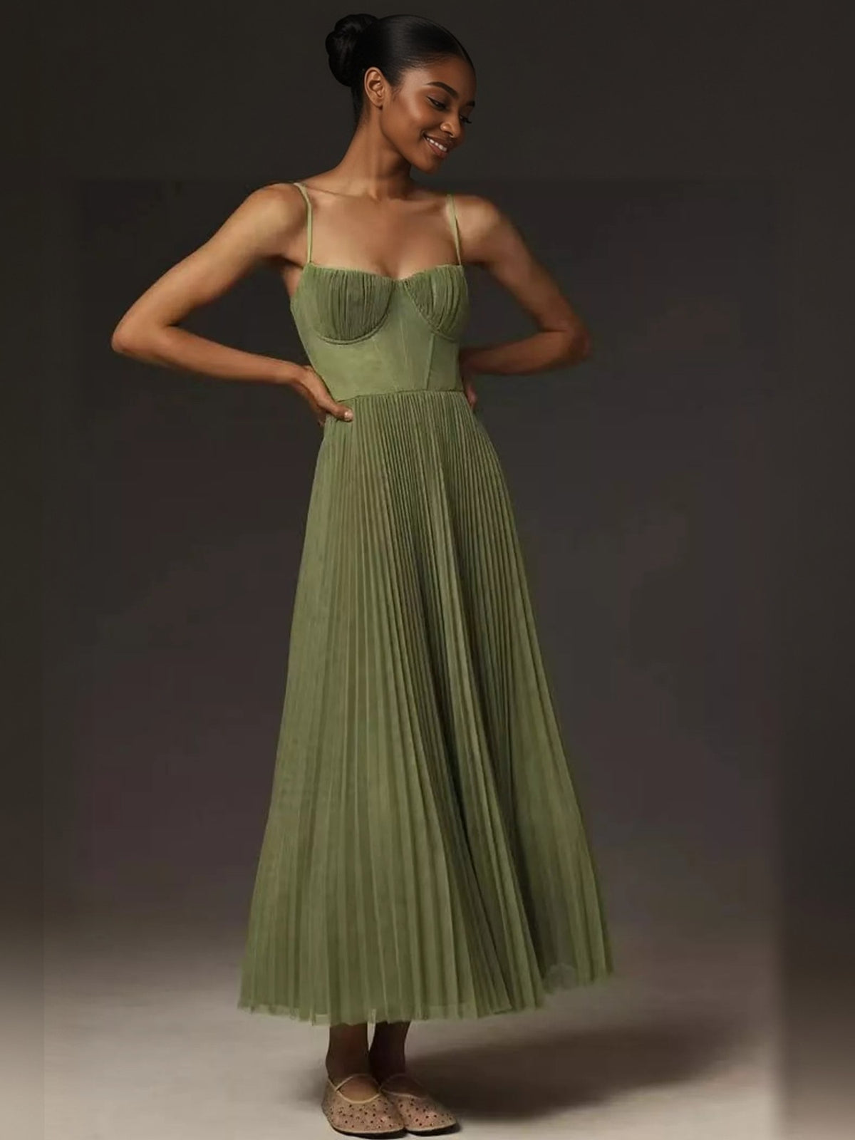 Saoirse Pleated Sweetheart Midi Dress - front view on model