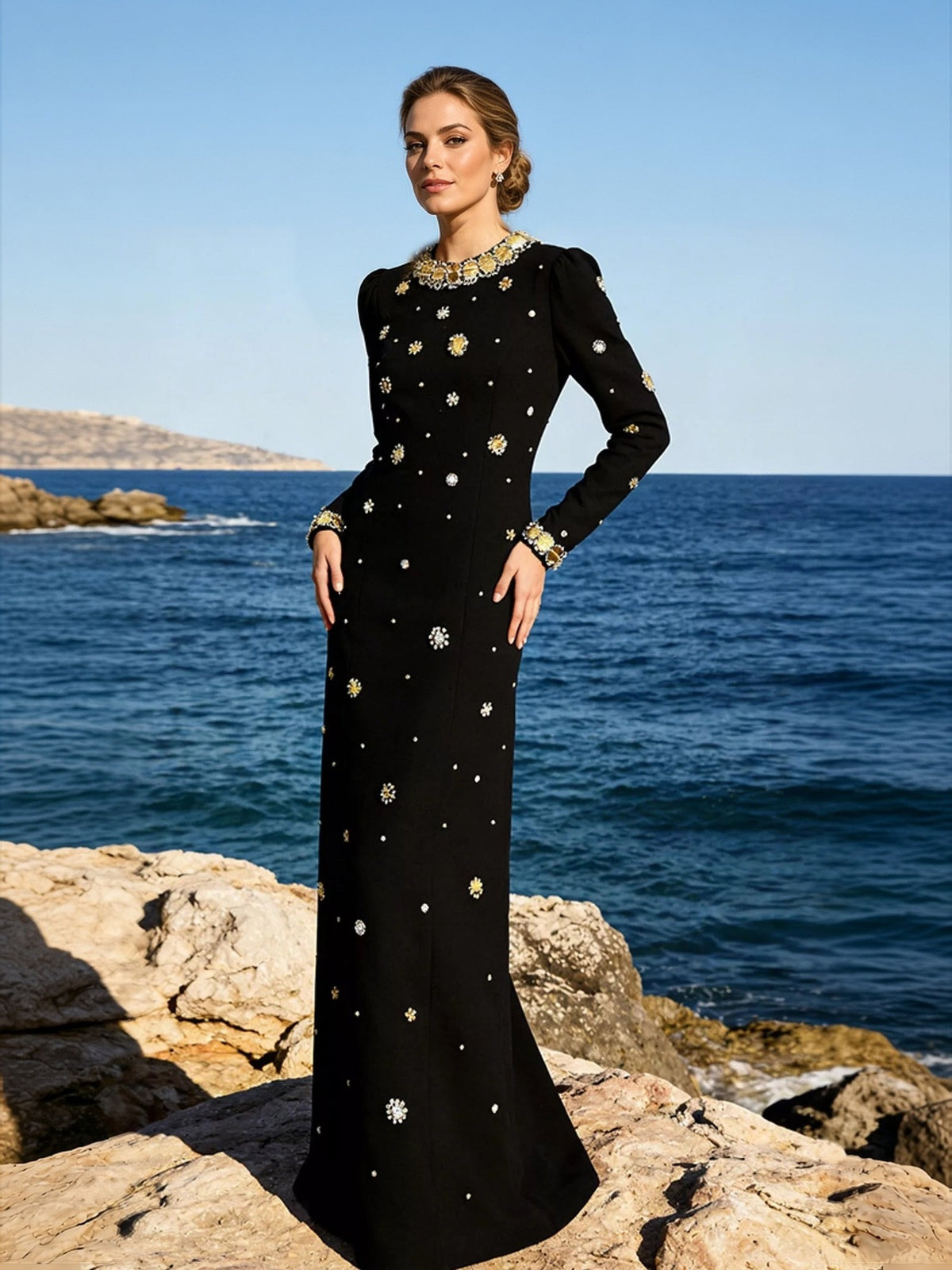 Selma Rhinestone Long-Sleeve Maxi Gown - front view on model