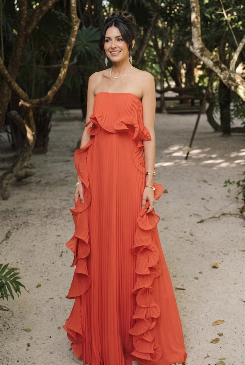 Youthful adult model wearing the Zinnia coral ruffled strapless pleated maxi dress.
